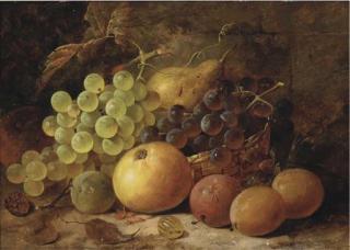 James Poulton - Grapes, plums, with an apple, pear and raspberry on a bank