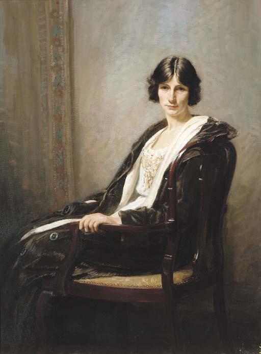 James Riddel, A.R.S.A., R.S.W., S.S.A. - Portrait of a lady, seated three-quarter-length, in a white dress and black coat, in an interior