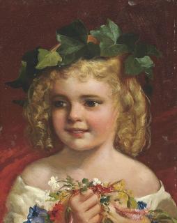 James Sant, R.A. - A child holding a posy, ivy in her hair