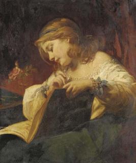 James Sant, R.A. - Portrait of a girl, three-quarter length, reading a book