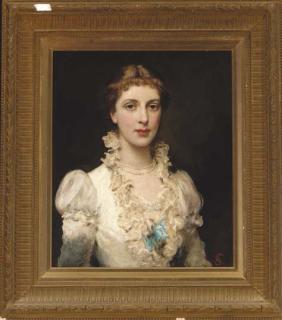 James Sant, R.A. - Portrait of a lady, traditionally identified as Lillie Langtry, bust-length, in a white dress with blue ribbon