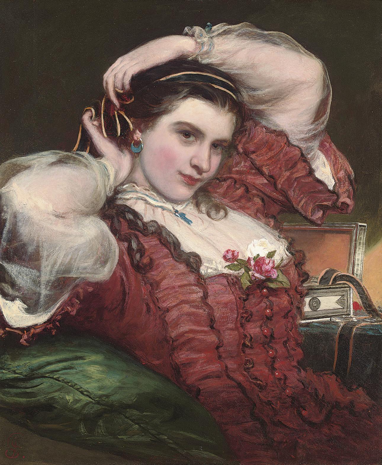 James Sant, R.A. - Portrait of Adelina Patti (1843-1919), fixing a ribbon in her hair