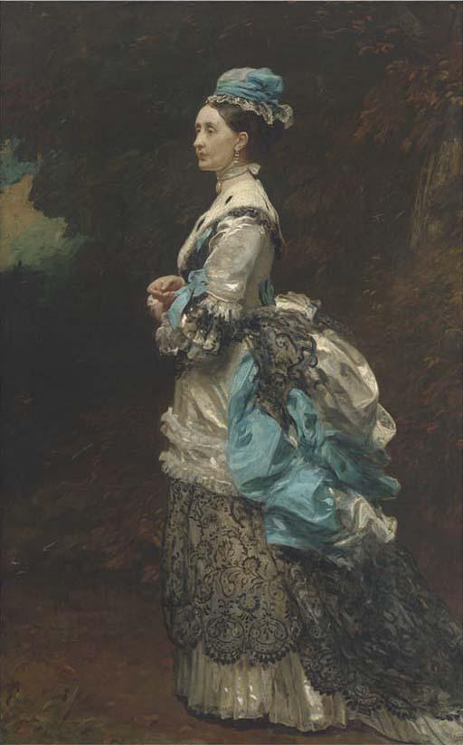 James Sant, R.A. - Portrait of Lady Marjorie Banks, Standing Full-Length, In A White Dress With Black Lace Trim, And A Blue Hat