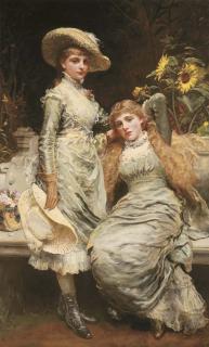 James Sant, R.A. - Portrait of the Misses Wilson of Tranby Croft, full-lengths, one standing, in pale blue satin dresses, in a garden