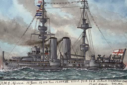 James Scott Maxwell - H.M.S. Africa (illustrated); H.M.S. Attentive; H.M.S. Acorn; H.M.S. Monarch; H.M.S. Arab; H.M.S. Bellerophon; H.M.S. Amethyst; H.M.S Renown; H.M.S. Hydra; H.M.S. Racer; H.M.S. Circe; H.M.S. Hannibal; and H.M.S. Torpedo Boat No. 9