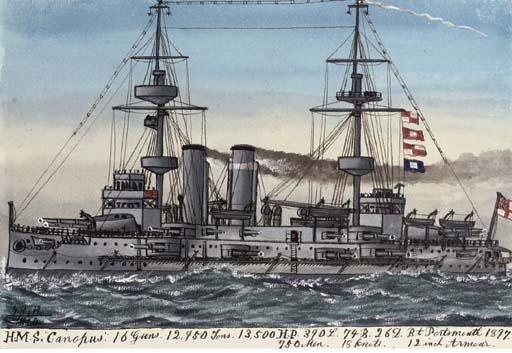 James Scott Maxwell - H.M.S. Canopus (illustrated); H.M.S. Britannia; H.M.S. Hornet; H.M.S. Hibernia; H.M.S. Bulldog; H.M.S. Foresight; H.M.S. Teazer; H.M.S. Liverpool; H.M.S. Torpedo Boat No. 99; H.M.S. Glory; H.M.S. Jupiter; H.M.S. Boyne; and H.M.S. Duke of Edinburgh