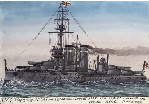 James Scott Maxwell - H.M.S. King George V (illustrated); H.M.S. Dreadnought; H.M.S. Cumberland; H.M.S. Maidstone; H.M.S. Decoy; H.M.S. Handy; H.M.S. Garry; H.M.S. Express; H.M.S. Kennet; H.M.S. Ostrich; H.M.S. Neptune; and H.M.S. Blake