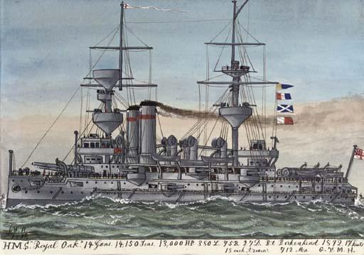 James Scott Maxwell - H.M.S. Royal Oak (illustrated); H.M.S. Collingwood; H.M.S. Cossack; H.M.S. Revenge; H.M.S. Triumph; H.M.S. Commonwealth; H.M.S. Powerful; H.M.S. Swiftsure; H.M.S. Victorious; H.M.S. Saracen; H.M.S. Pincher; and H.M.S. Challenger