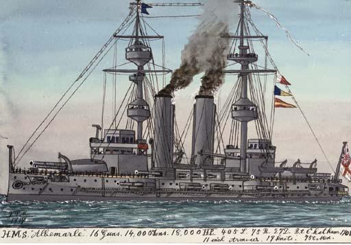 James Scott Maxwell - H.M.S. Salmon (illustrated); H.M.S. Benbow; H.M.S. Princess Royal; H.M.S. Halycon; H.M.S. Drake; H.M.S. Crane; H.M.S. Fox; H.M.S. Syren; Russian Cruiser Rurik; H.M.S. Dryad; H.M.S. Albermarle; H.M.S. Sapphire; and H.M.S. Dove