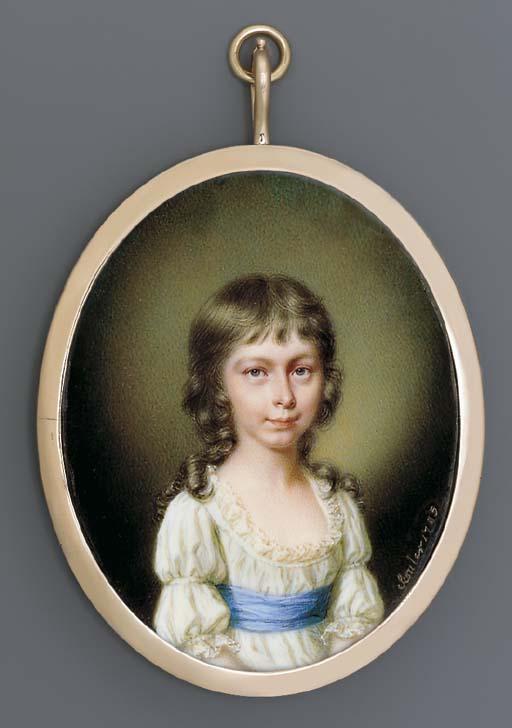 James Scouler - A young girl, facing right in lace-bordered white silk dress with blue sash, long curling brown hair