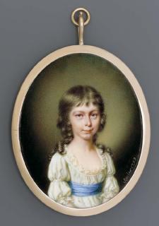 James Scouler - A young girl, facing right in lace-bordered white silk dress with blue sash, long curling brown hair