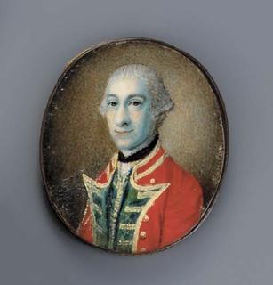 James Scouler - An officer, facing right in red coat with gold-bordered green facings, gold-bordered green waistcoat and black stock, powdered wig en queue