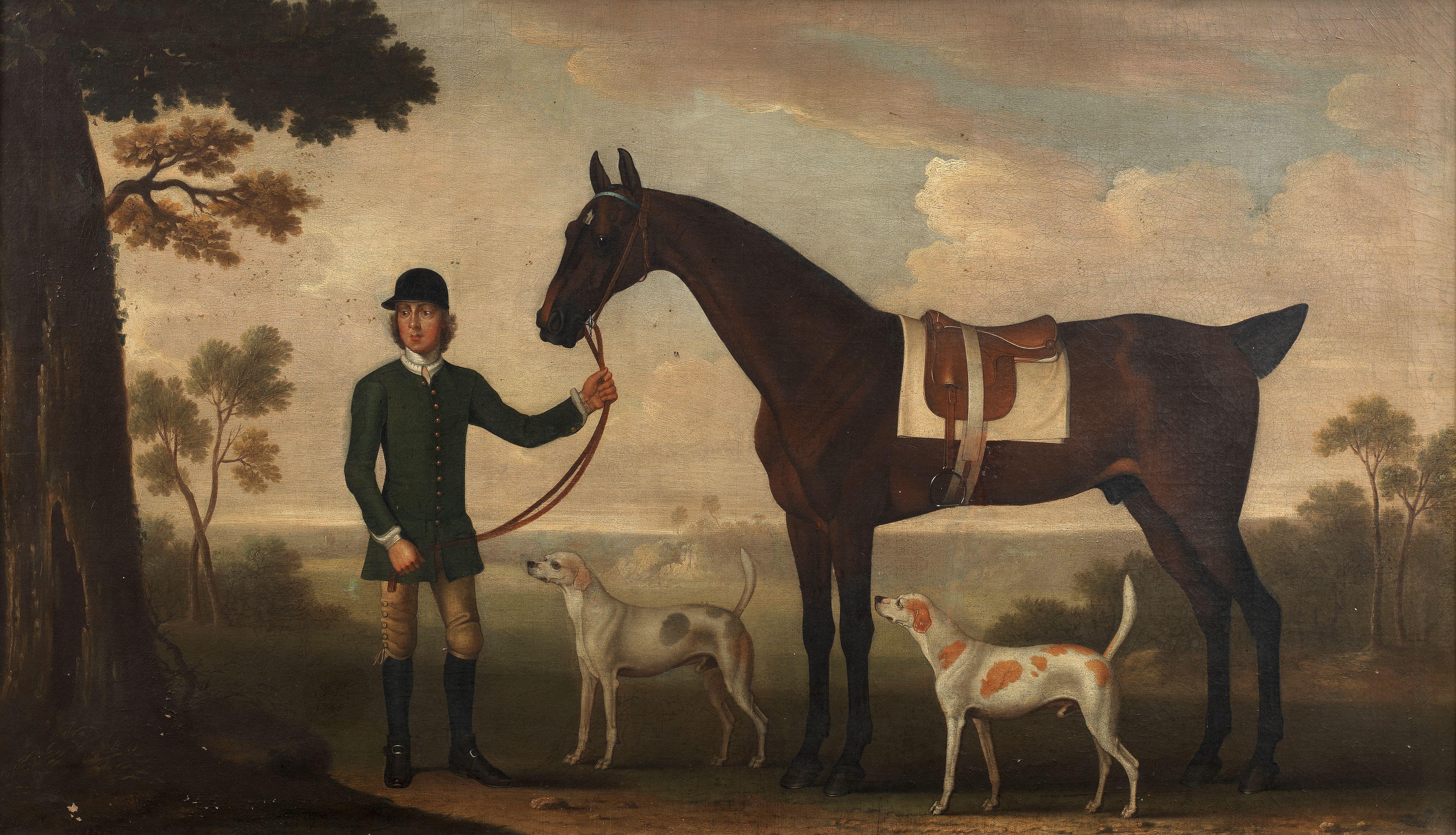 James Seymour - A brown thoroughbred, traditionally identified as \'Spanking Roger\', held by a groom before an extensive landscape