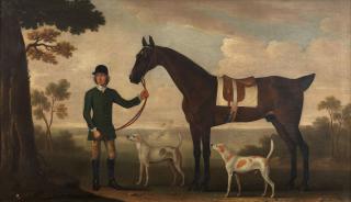 James Seymour - A brown thoroughbred, traditionally identified as \'Spanking Roger\', held by a groom before an extensive landscape