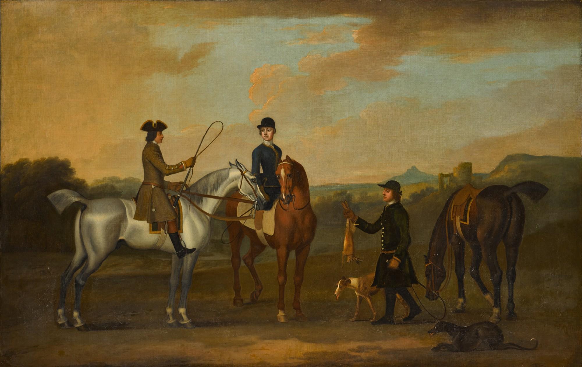 James Seymour - A coursing party: a lady and gentleman on horseback, a huntsman holding a dead hare with two greyhounds in a wooded landscape