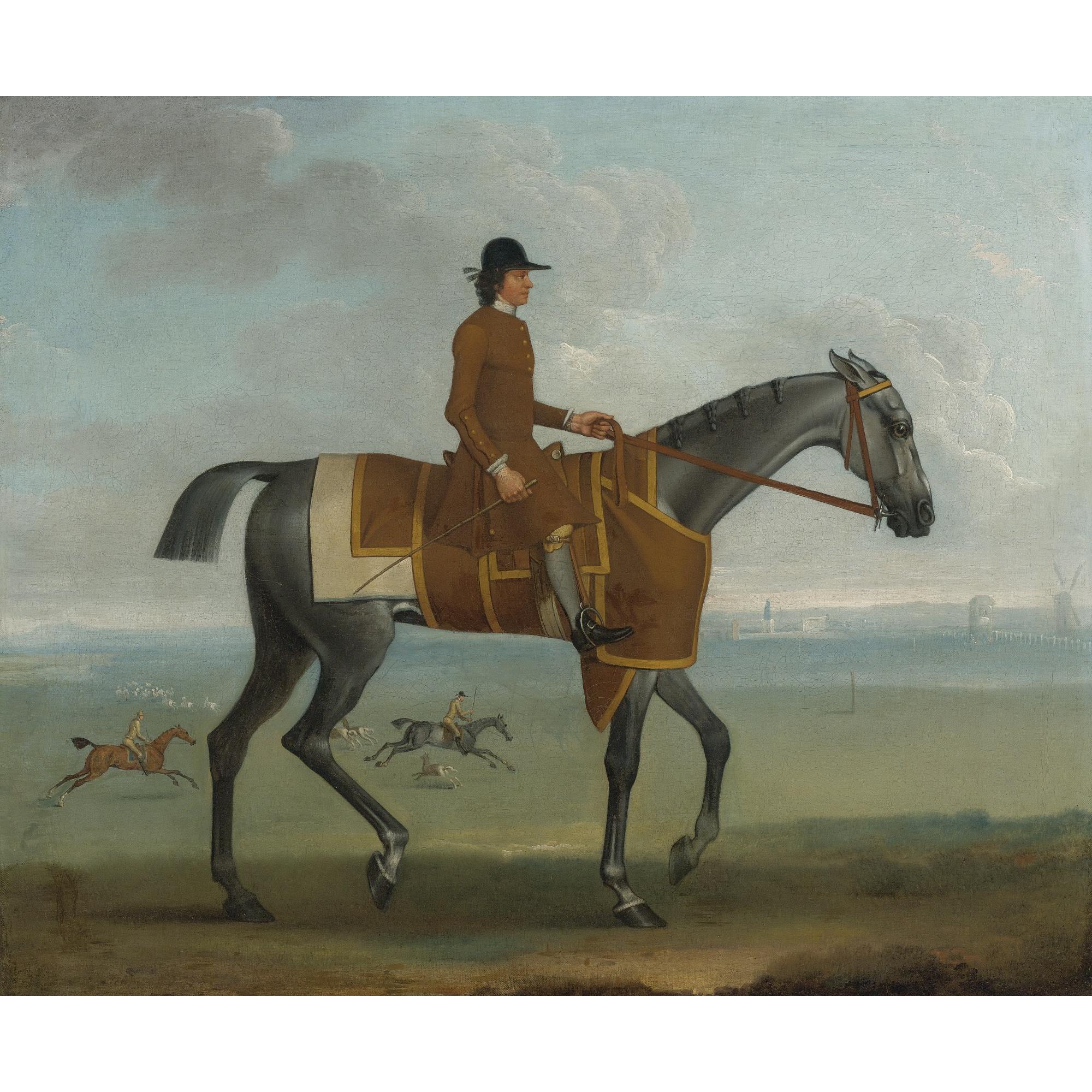 James Seymour - A Grey Racehorse With A Jockey Up Exercising On Newmarket Heath