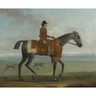 James Seymour - A Grey Racehorse With A Jockey Up Exercising On Newmarket Heath