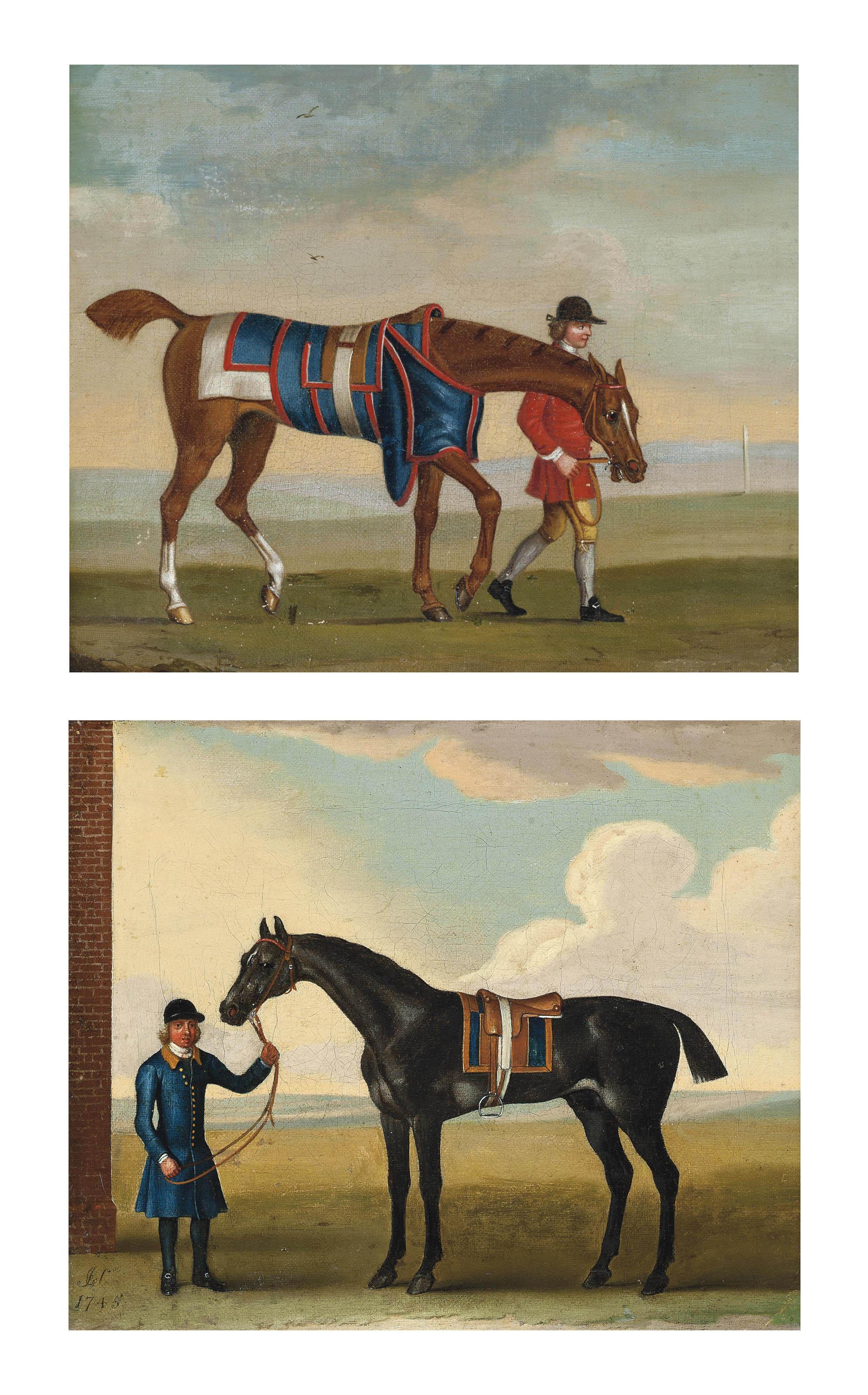 James Seymour - A groom with a grey racehorse; and A groom with a chestnut racehorse