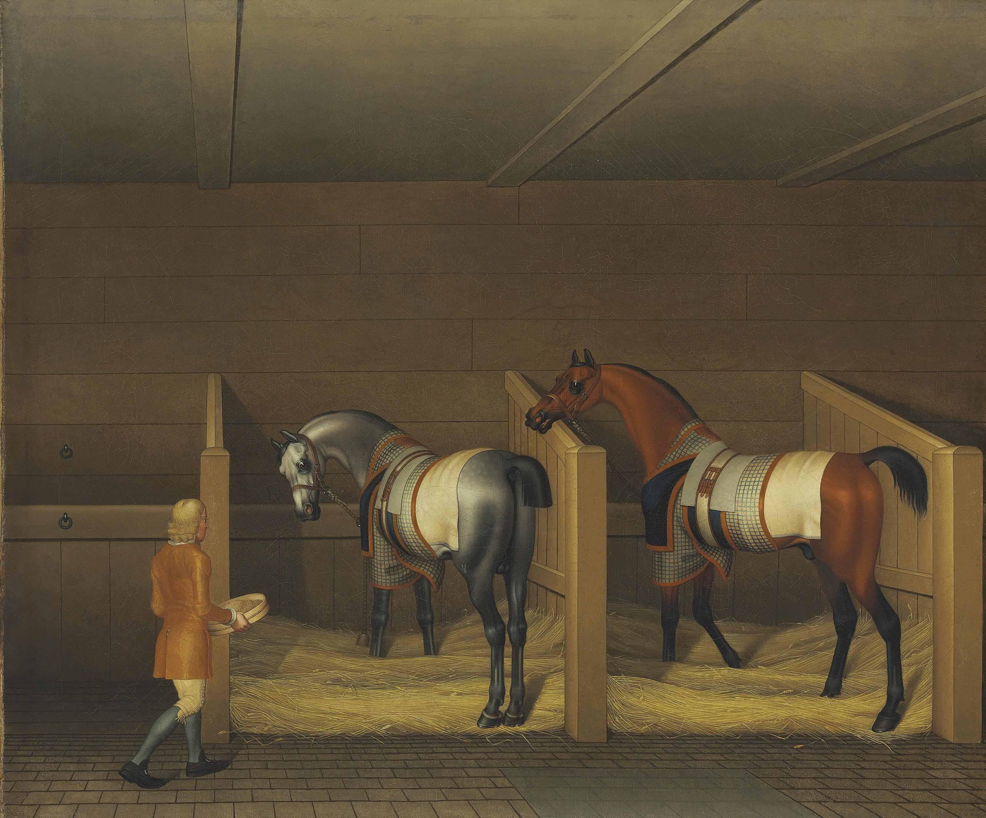 James Seymour - A Stable Interior, a Groom bringing Oats to a Bay and a Grey Stallion