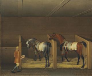 James Seymour - A Stable Interior, a Groom bringing Oats to a Bay and a Grey Stallion