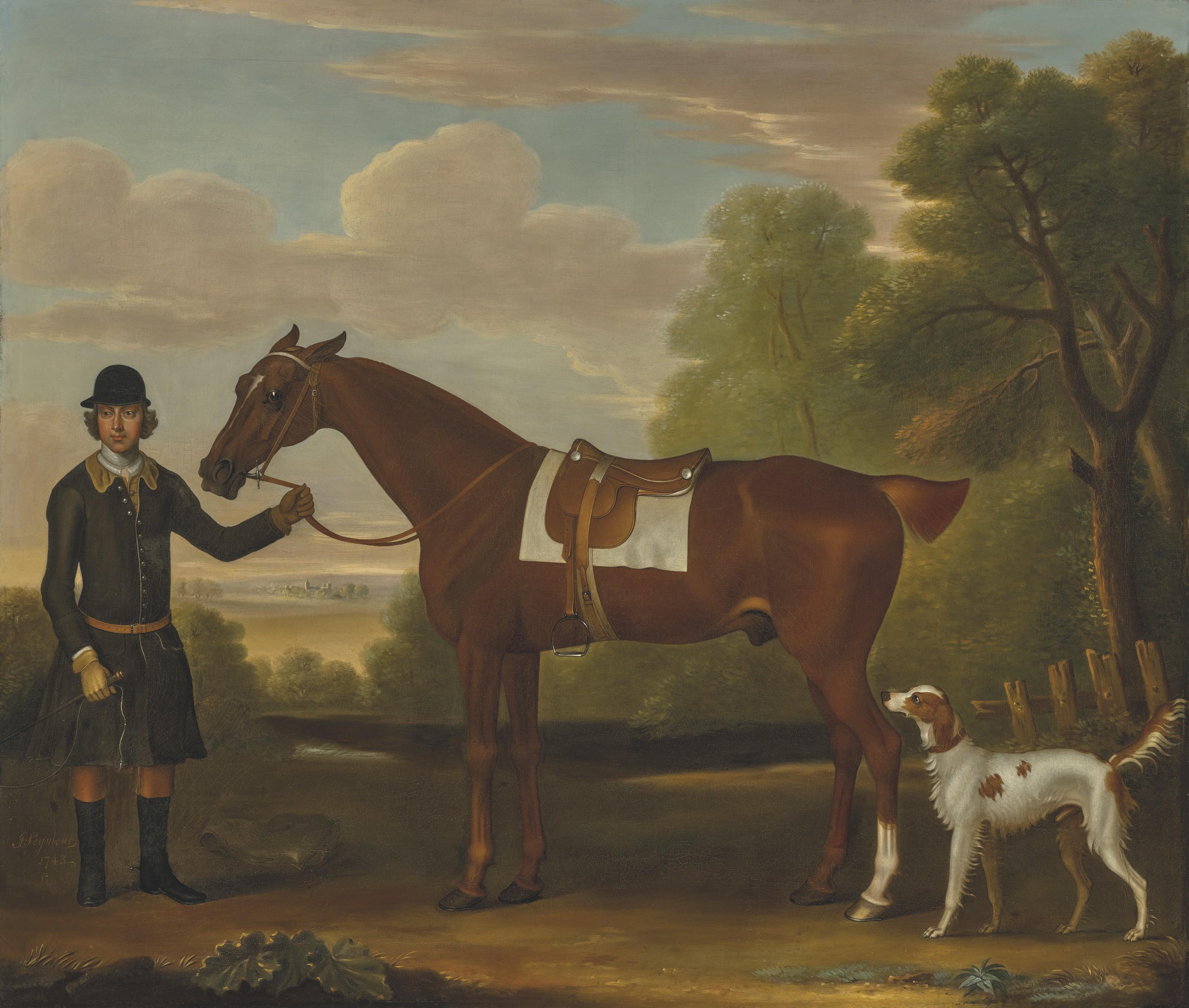 James Seymour - Lord Portmore\'s \'Snap\', a saddled chestnut hunter held by a groom, with a setter in a landscape