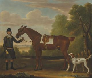 James Seymour - Lord Portmore\'s \'Snap\', a saddled chestnut hunter held by a groom, with a setter in a landscape
