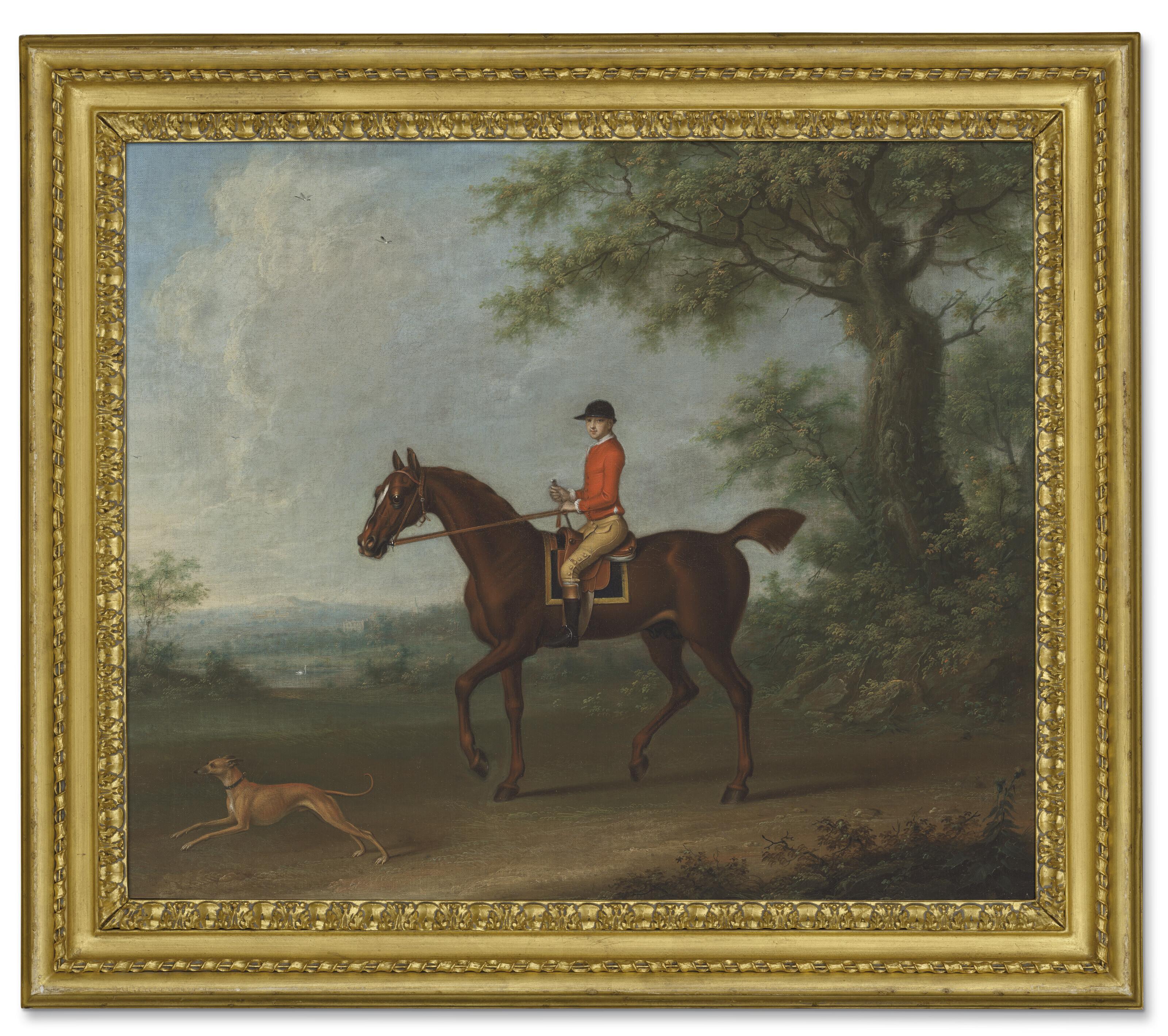 James Seymour - Sedbury, with jockey up, and a greyhound in an extensive wooded landscape, with two country houses beyond