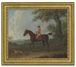 James Seymour - Sedbury, with jockey up, and a greyhound in an extensive wooded landscape, with two country houses beyond