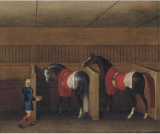 James Seymour - Two Racehorses With A Groom In A Stable