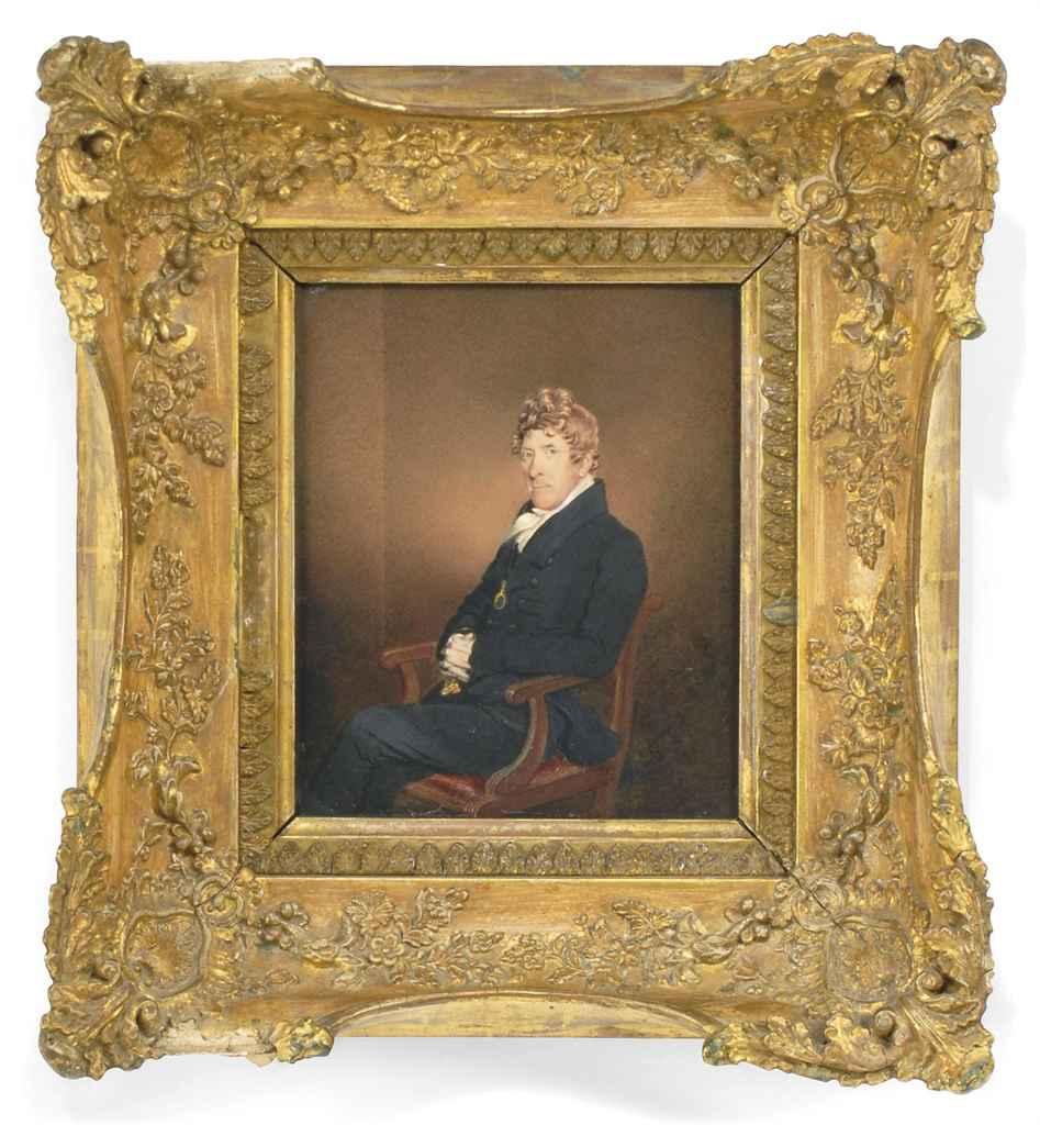 James Sharples - Portrait of a gentleman, three-quarter-length; together with Portrait of a lady, seated three-quarter-length, with a red shawl