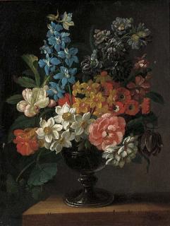 James Sillett - Narcissi, tulips, carnations, delphiniums and nasturtiums in a goblet on a ledge