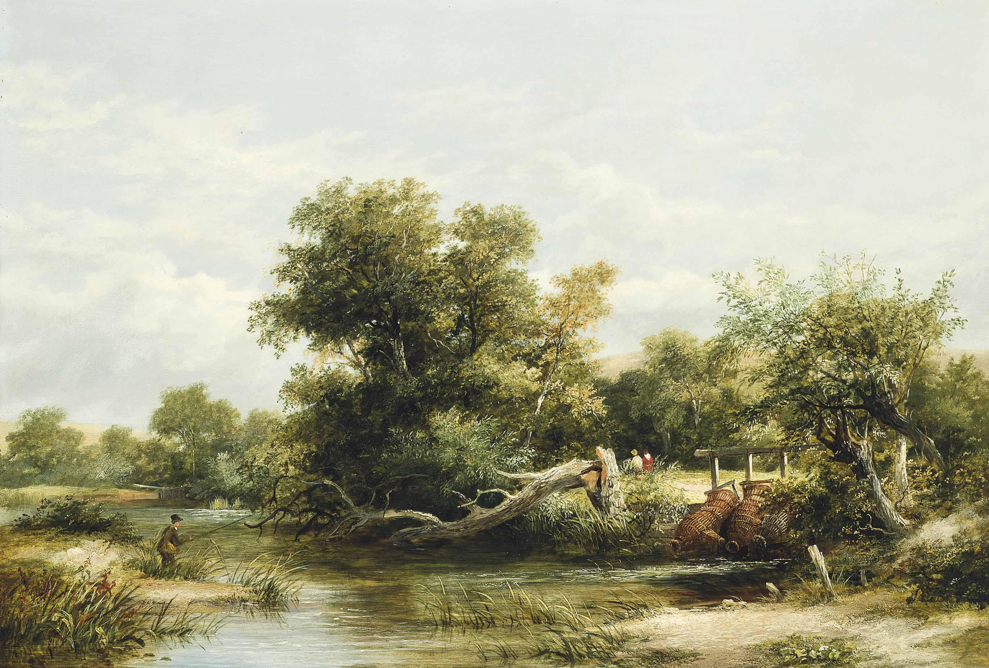 James Stark - A fisherman on a river, with eel nets on the opposite bank