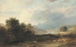 James Stark - A shepherd and his flock by a brook at Allswater, Cumberland