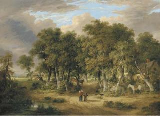 James Stark - A Wooded Landscape With Figures On A Track, A Cottage Beyond