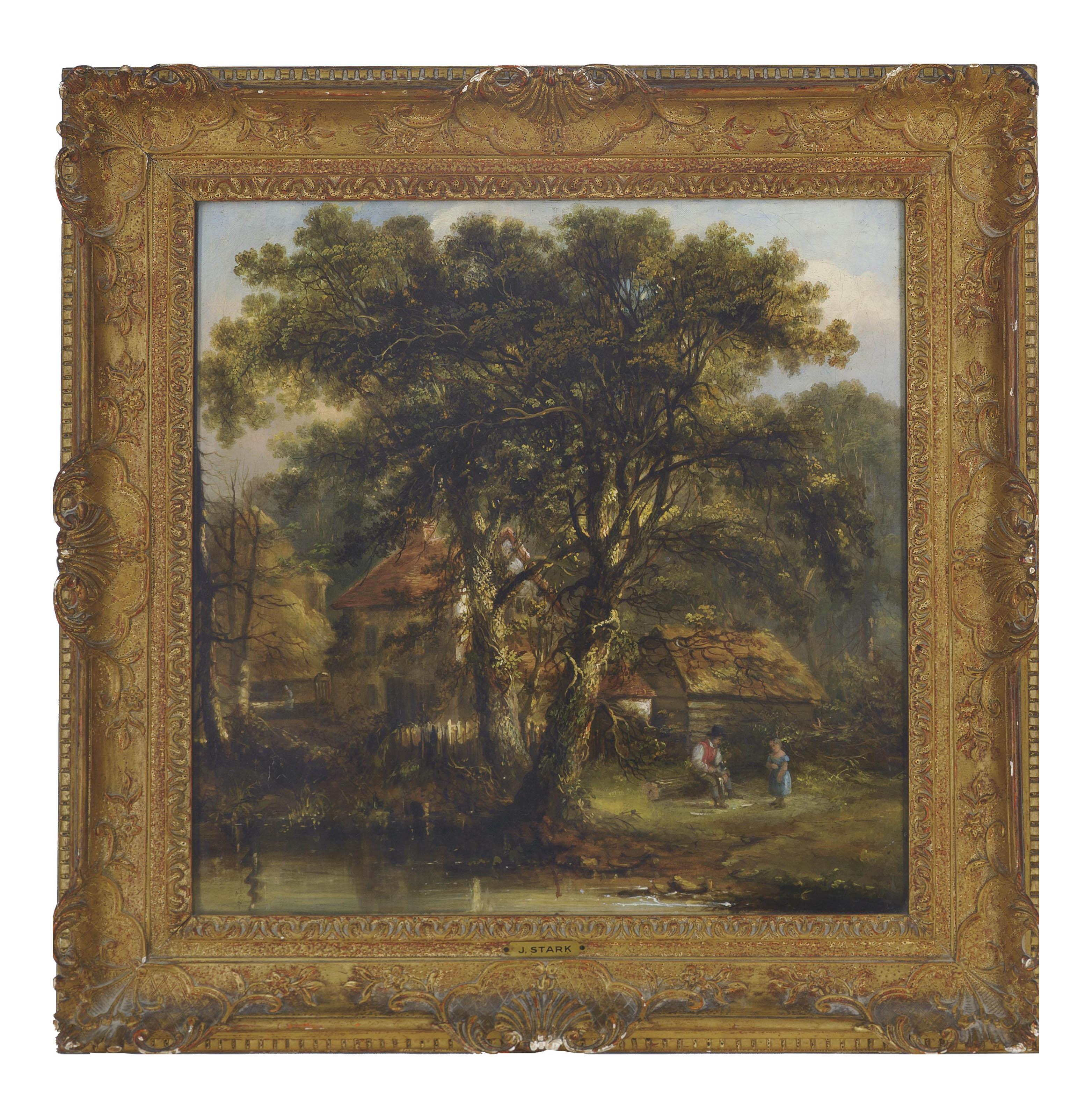 James Stark - Figures by a woodland cottage