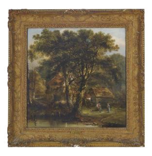 James Stark - Figures by a woodland cottage