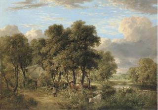 James Stark - On The Yare: A Wooded River Landscape With Cattle, A Figure And A Cottage