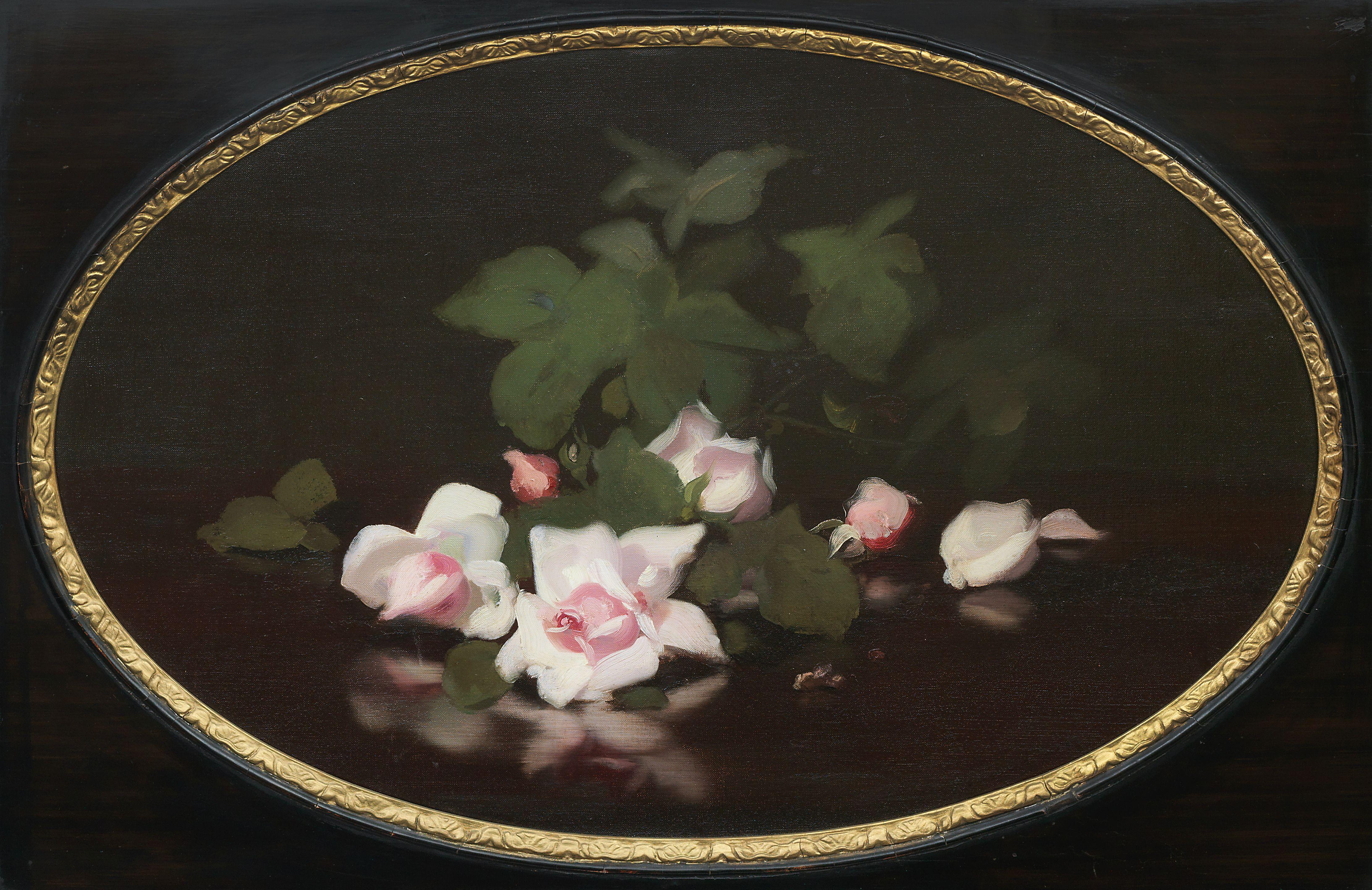 James Stuart Park - A still life of pink roses oval form sight size 49.5 x 74.5cm (19 1/2 x 29 5/16in), stretcher size 50.5 x 76.5cm (19 7/8 x 30 1/8in).