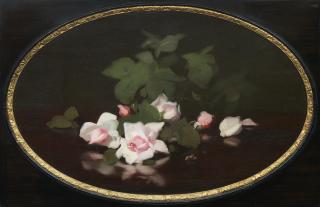 James Stuart Park - A still life of pink roses oval form sight size 49.5 x 74.5cm (19 1/2 x 29 5/16in), stretcher size 50.5 x 76.5cm (19 7/8 x 30 1/8in).