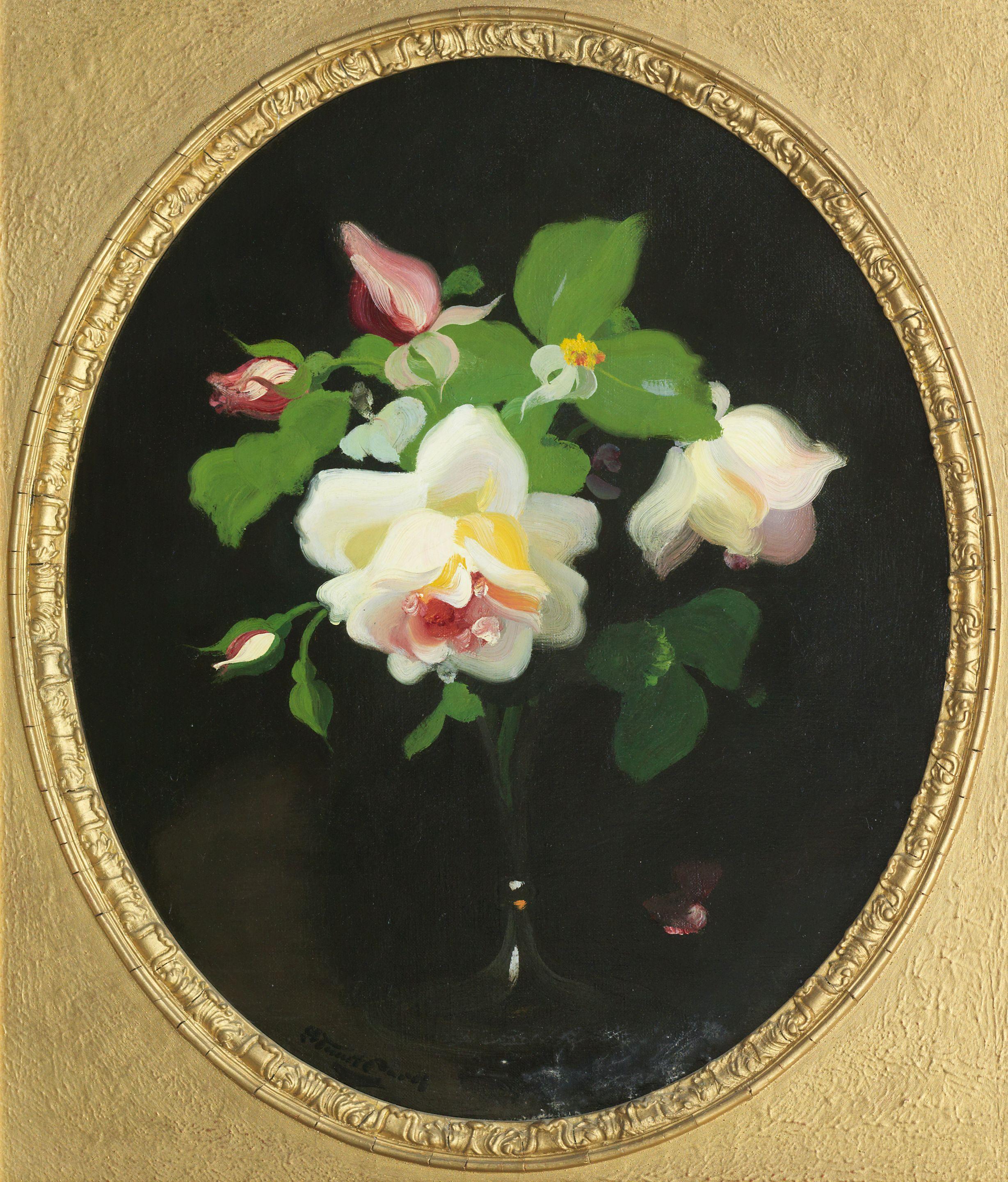 James Stuart Park - Pink and white roses oval form sight size 49.2 x 39.4cm (19 3/8 x 15 1/2in), stretcher size 51 x 41cm (20 1/16 x 16 1/8in).