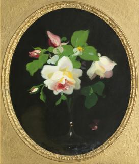 James Stuart Park - Pink and white roses oval form sight size 49.2 x 39.4cm (19 3/8 x 15 1/2in), stretcher size 51 x 41cm (20 1/16 x 16 1/8in).
