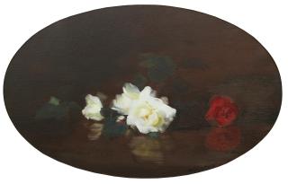 James Stuart Park - Still life of roses oval form sight size 54.5 x 89cm (21 7/16 x 35 1/16in), stretcher size 56 x 91.5cm (22 1/16 x 36in).