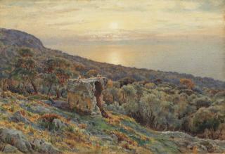 James Talmage White - Sunset over a coastal landscape with a ruin