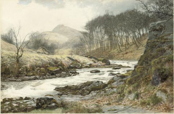 James Thomas Watts - A romantic landscape:  A river in spate