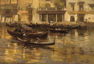James Wallace - Gondoliers and elegant figures in front of the Hotel Milan, Venice