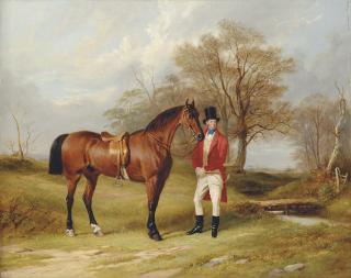 James Walsham Baldock - A gentleman standing beside his hunter, in a wooded landscape