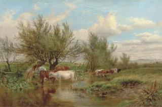 James Walsham Baldock - Cattle watering in a summer landscape