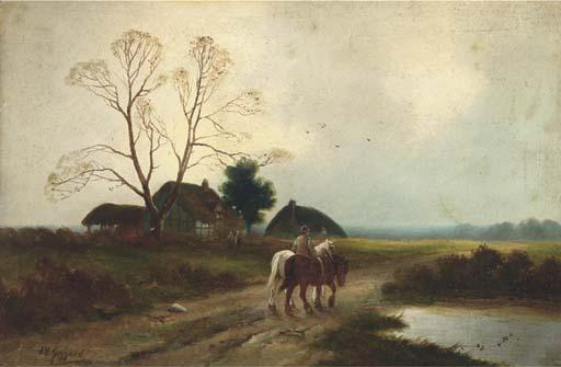 James Walter Gozzard - A Farmer With Horses On A Country Road With Cottages In The Distance