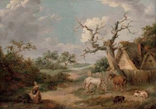 James Ward, R.A. - A wooded landscape with figures in the foreground and horses and pigs by a cottage