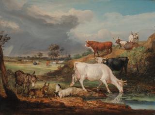 James Ward, R.A. - Cattle, donkeys and pigs by a pool, in a stormy landscape